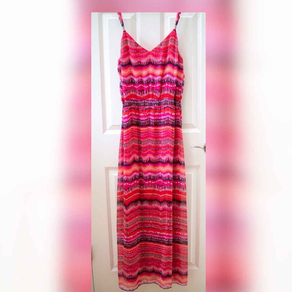 WHBM Red and Pink Chiffon Maxi Dress